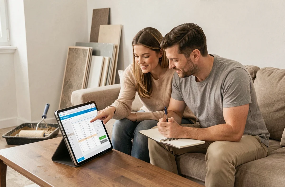 Couple utilisant un simulateur de budget travaux sur tablette dans un salon en cours de rénovation