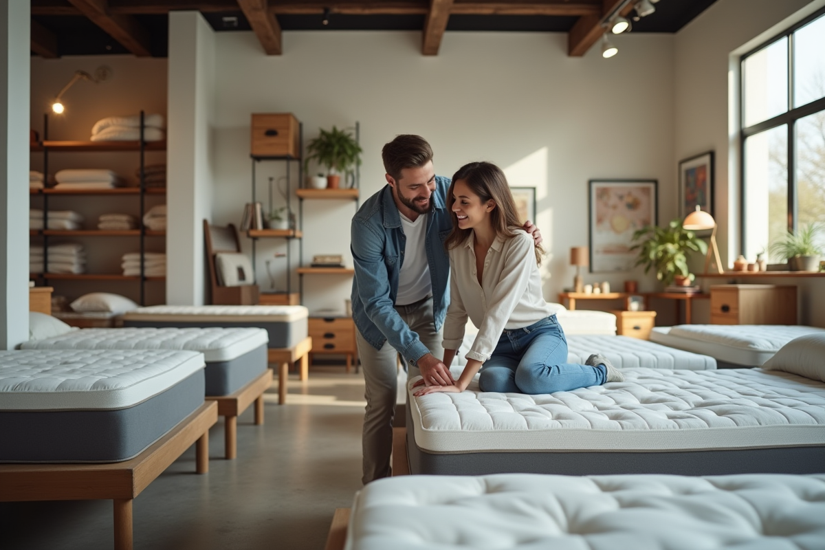 Couple heureux testant des matelas dans un magasin moderne