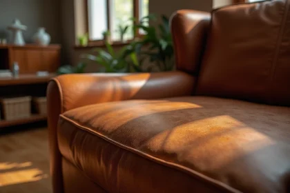 Gros plan sur un fauteuil en cuir aniline présentant des variations de couleur naturelles et une patine due au vieillissement
