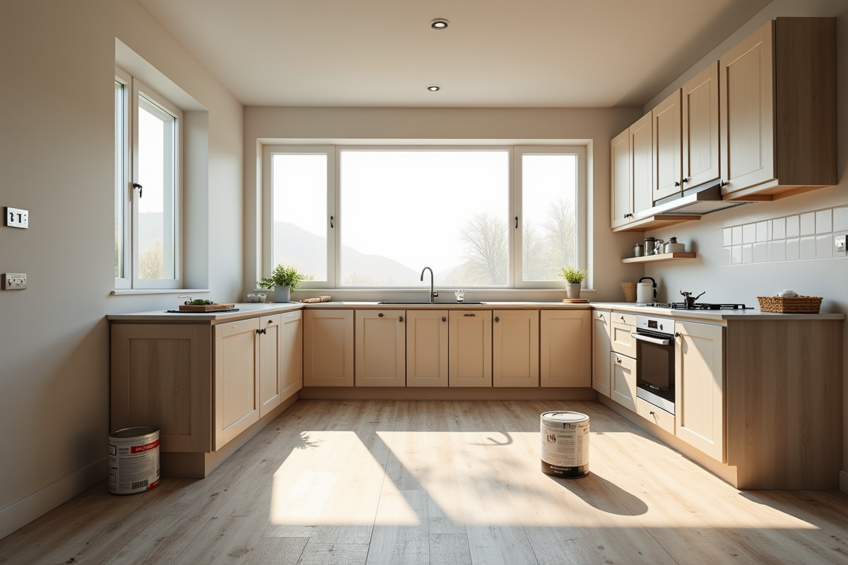 Cuisine moderne en rénovation avec outils et peinture