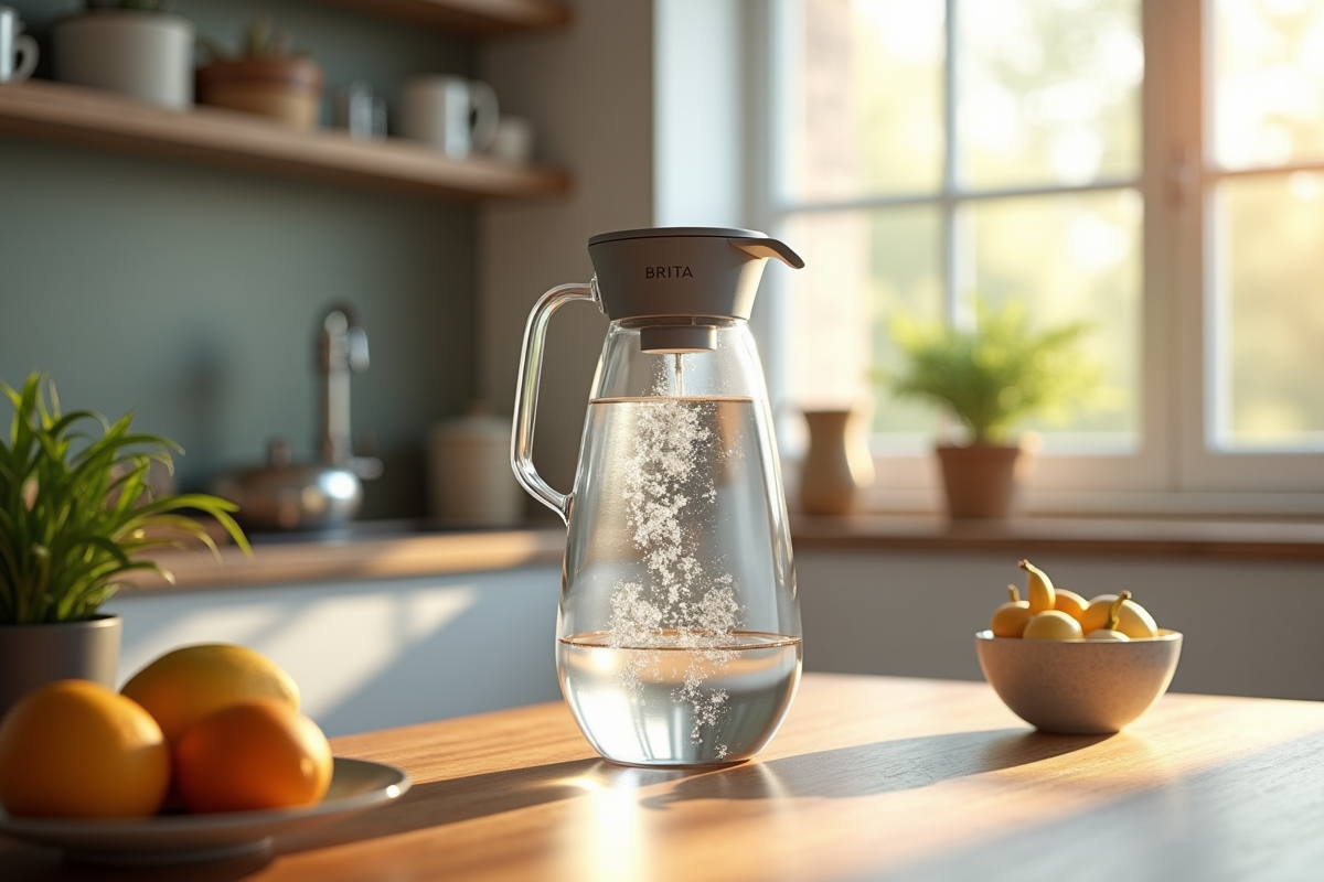 Cuisine moderne avec carafe d'eau Brita sur une table en bois
