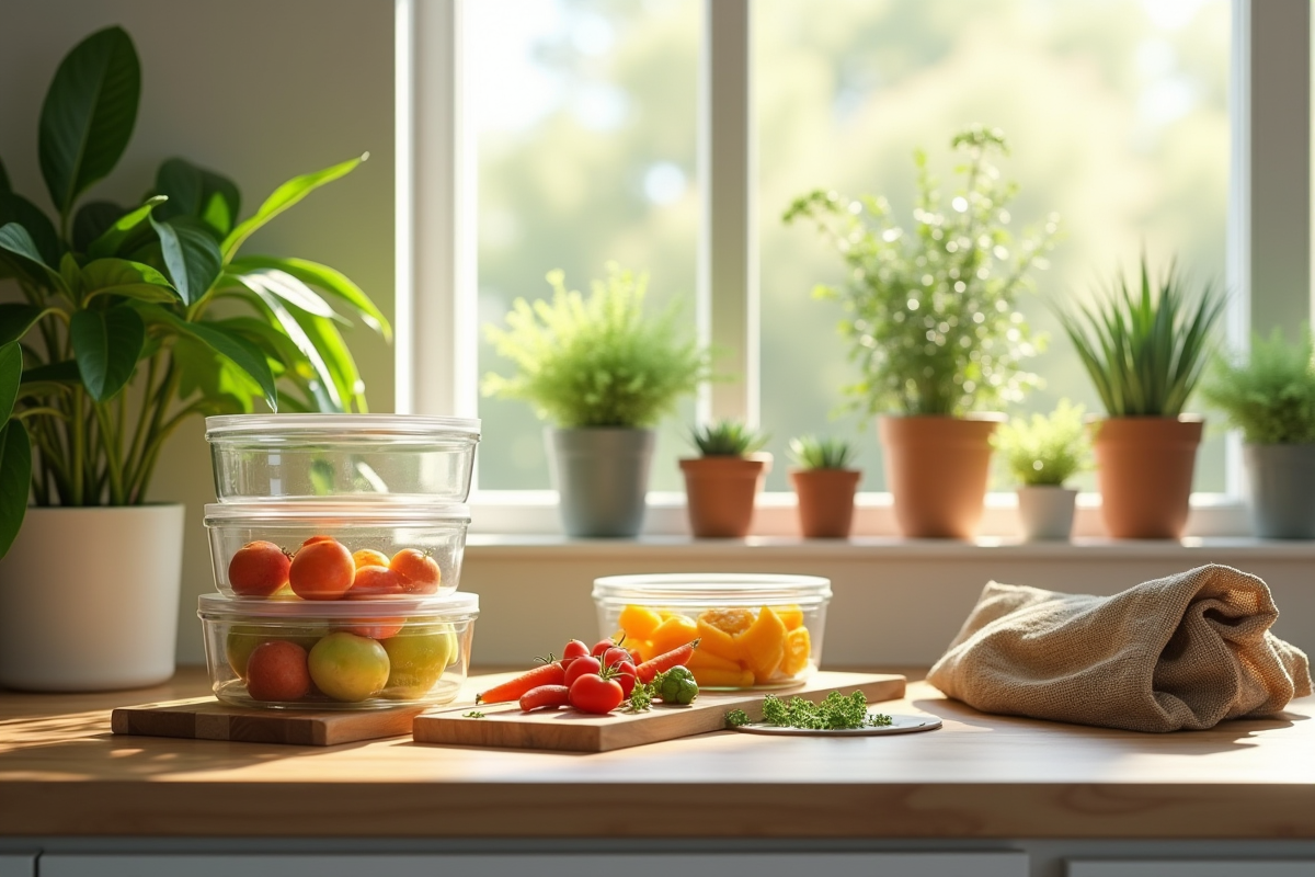 Cuisine moderne avec contenants et plantes vertes