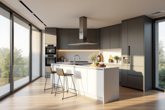 Cuisine moderne renovée avec plans de travail élégants