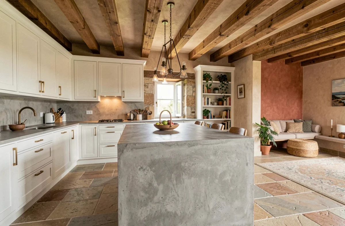 Cuisine et salon ouverts dans une ferme rénovée dans l'Ain avec îlot en béton, poutres apparentes et niche de lecture intégrée