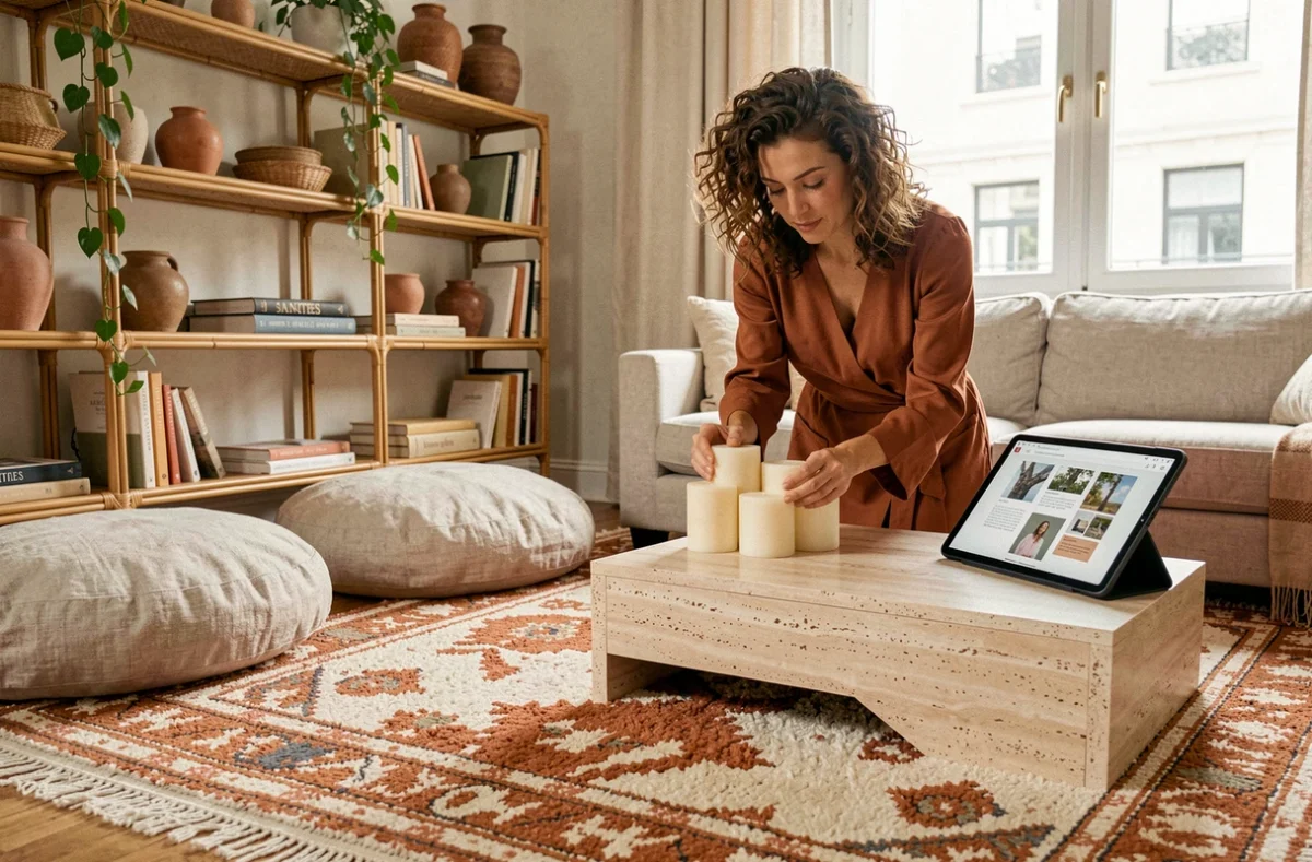 Salon nantais décoré par Decodheure avec tapis en laine, coussins en lin et étagères en rotin