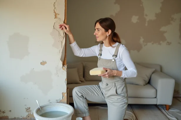 Femme qui décolle un papier peint fleuri ancien dans un salon en rénovation avant la pose d'un papier intissé