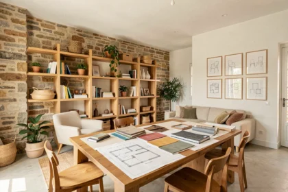 Studio de décoration d'intérieur professionnel dans l'Ain avec meubles contemporains, plans architecturaux et matériaux naturels