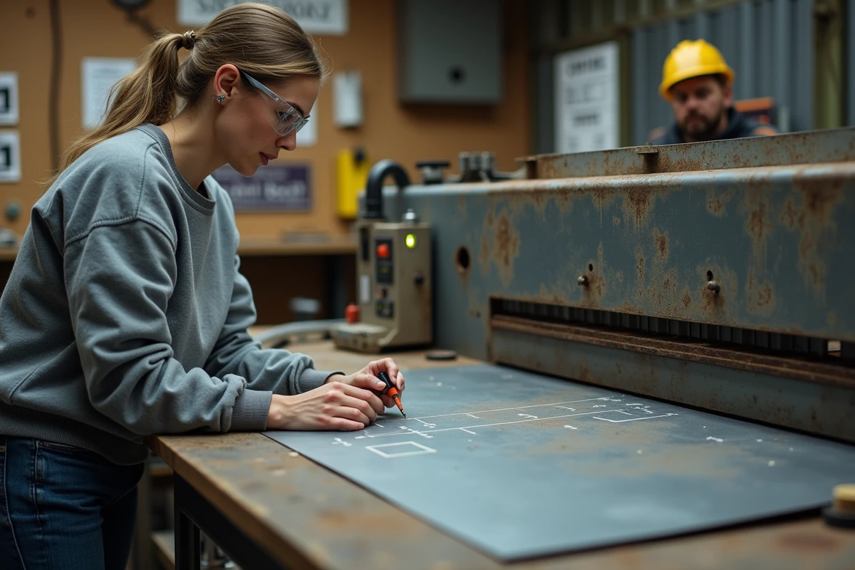 Service de découpe sur mesure de tôle acier 2mm en magasin bricolage, avec cliente supervisant l'opération et tarif de découpe affiché