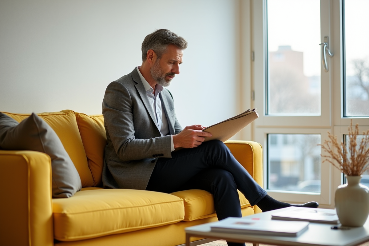 Designer d interieur inspectant des tissus sur un sofa jaune