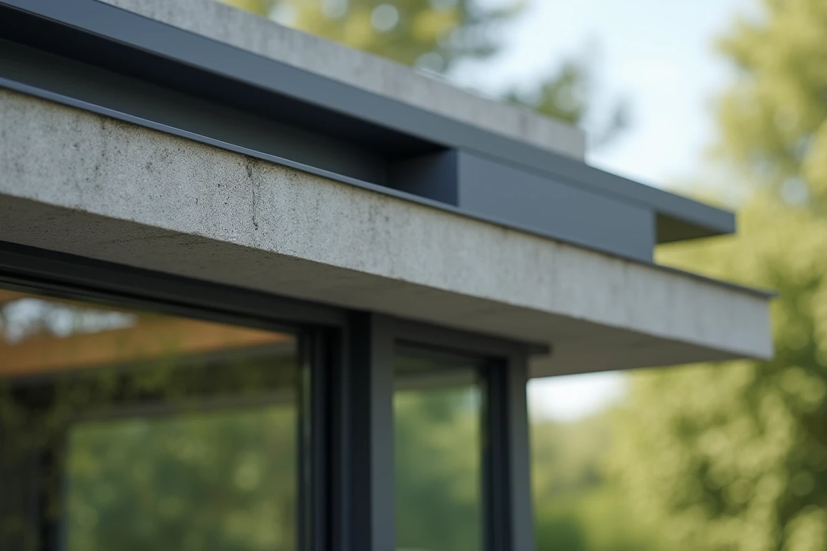 Détail architectural d'une véranda moderne avec jonction aluminium anthracite, verre trempé et toit plat en béton, rendu textures matériaux haut de gamme