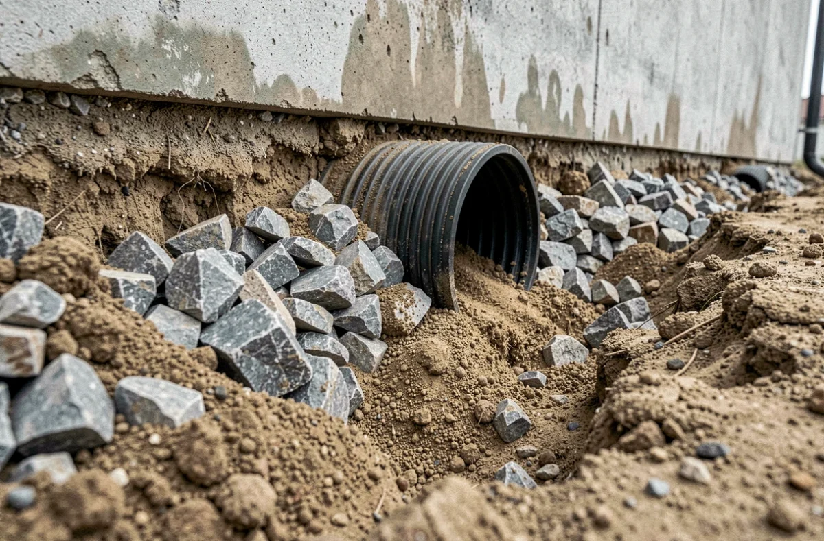 Gros plan sur une coupe transversale de tranchée drainante sans géotextile montrant la migration des particules de sol dans le gravier