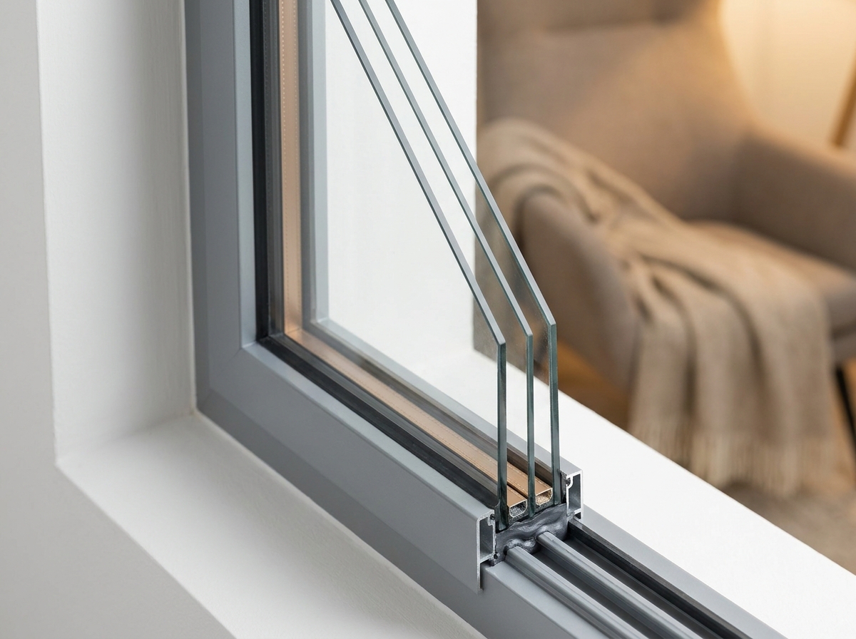 Gros plan sur la tranche d'une fenêtre triple vitrage haute performance révélant les couches de verre et l'espaceur, illustrant la technologie d'isolation thermique