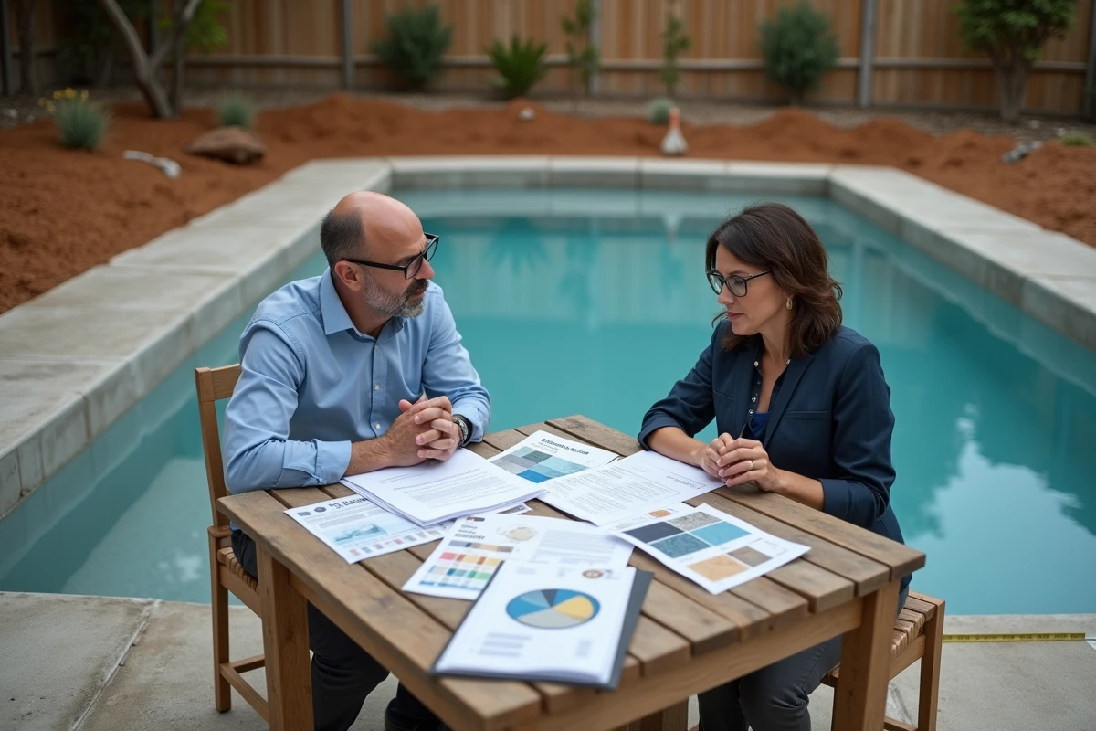 Deux professionnels consultant les devis et matériaux pour le coût de construction d'une piscine, assis en extérieur près d'un bassin en béton brut