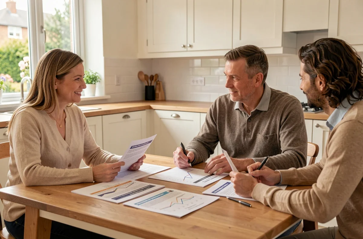 Conseillère en énergie solaire présentant un devis d'installation de panneaux photovoltaïques à un couple de propriétaires