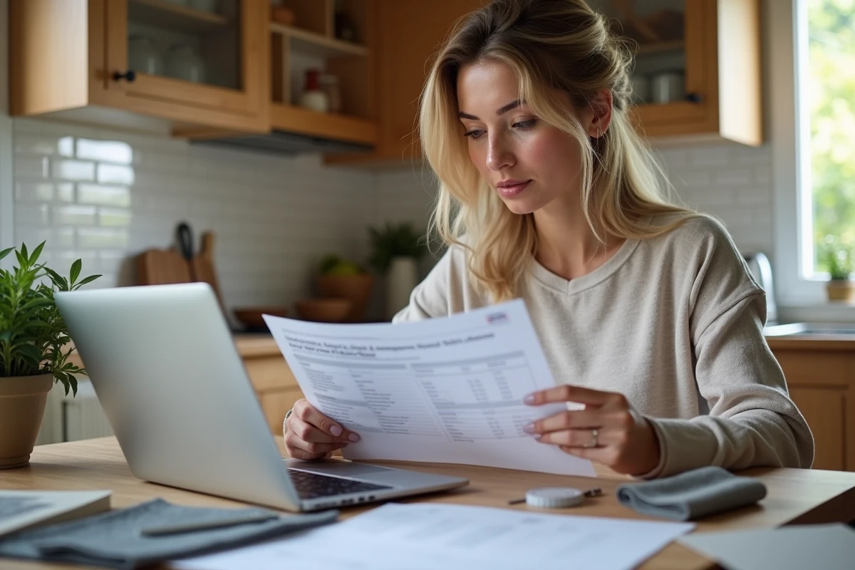 Propriétaire consultant un devis de plafond tendu et les aides financières disponibles pour la rénovation
