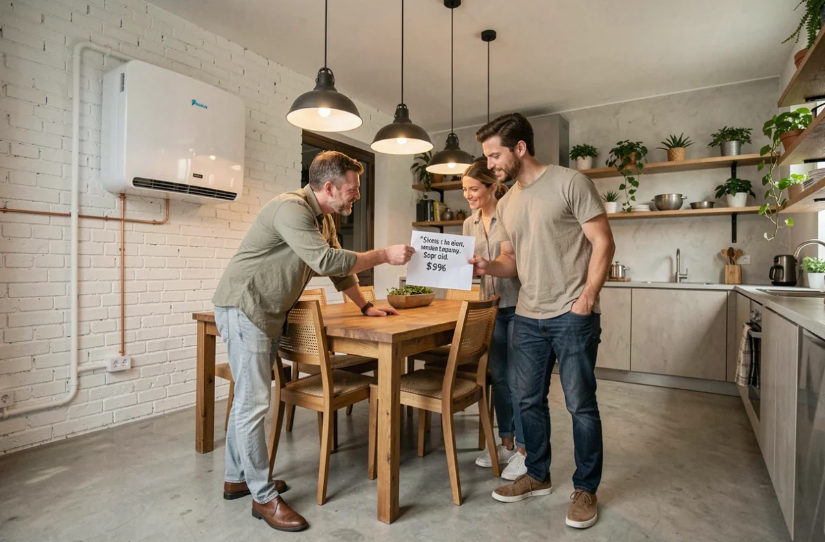 Couple étudiant un devis pour une pompe à chaleur air-air Daikin dans un appartement moderne