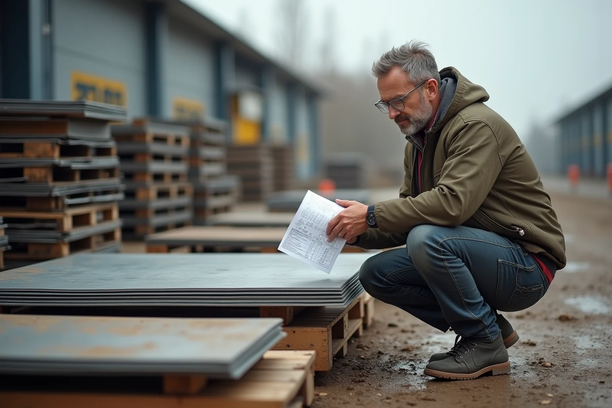 Artisan comparant un devis de tôle acier 2mm à l'étiquette prix en dépôt extérieur d'un magasin bricolage