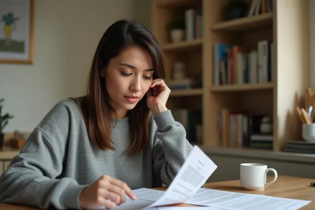 Femme consultant des documents officiels pour justificatif de domicile sans contrat de bail