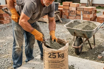 Ouvrier dosant du béton à la pelle à partir d'un sac de ciment 25 kg sur un chantier résidentiel