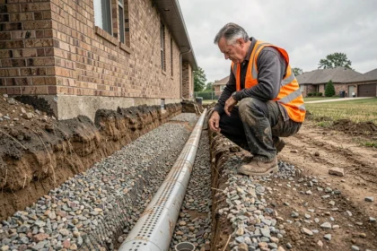 Tranchée de drainage sans géotextile autour d'une maison avec tuyau perforé et gravier concassé visible le long de la fondation