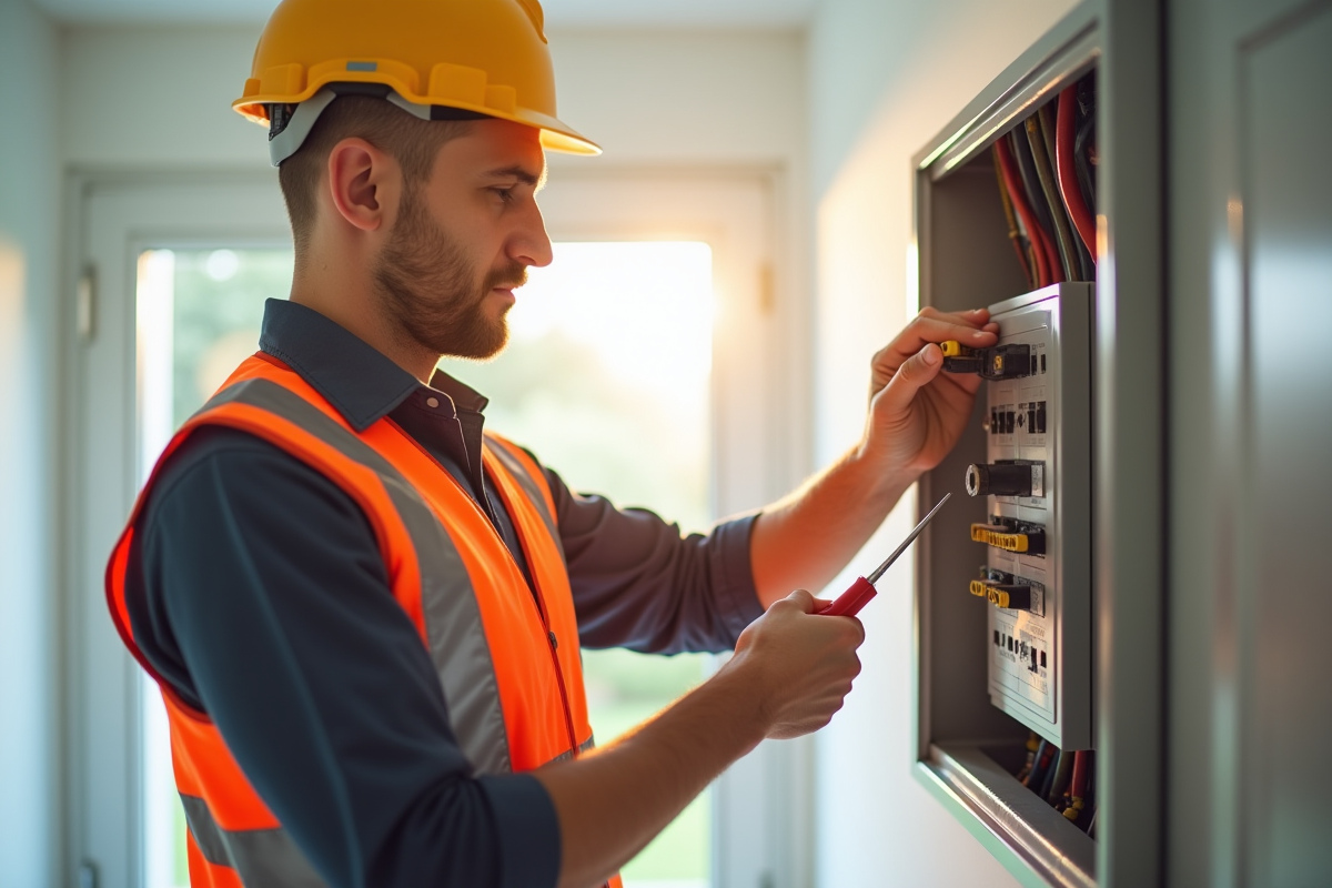 Electricien certifie inspectant un tableau électrique lumineux