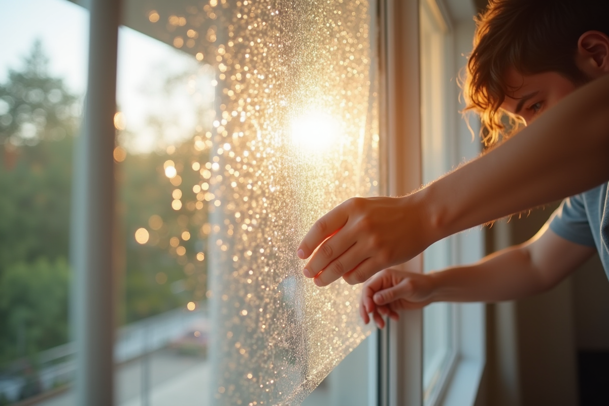 Personne emballant une grande vitre avec bulle protectrice
