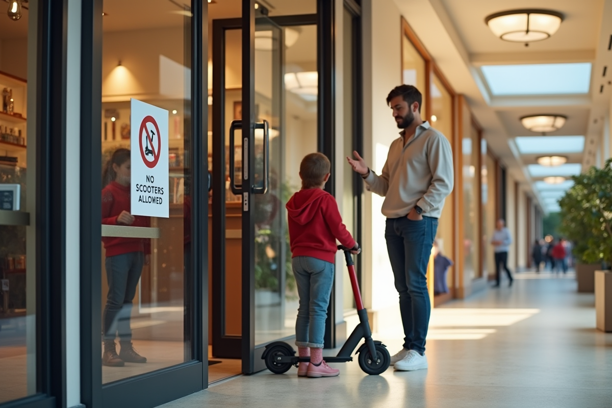 Famille avec scooter devant une entrée de magasin avec panneau interdit