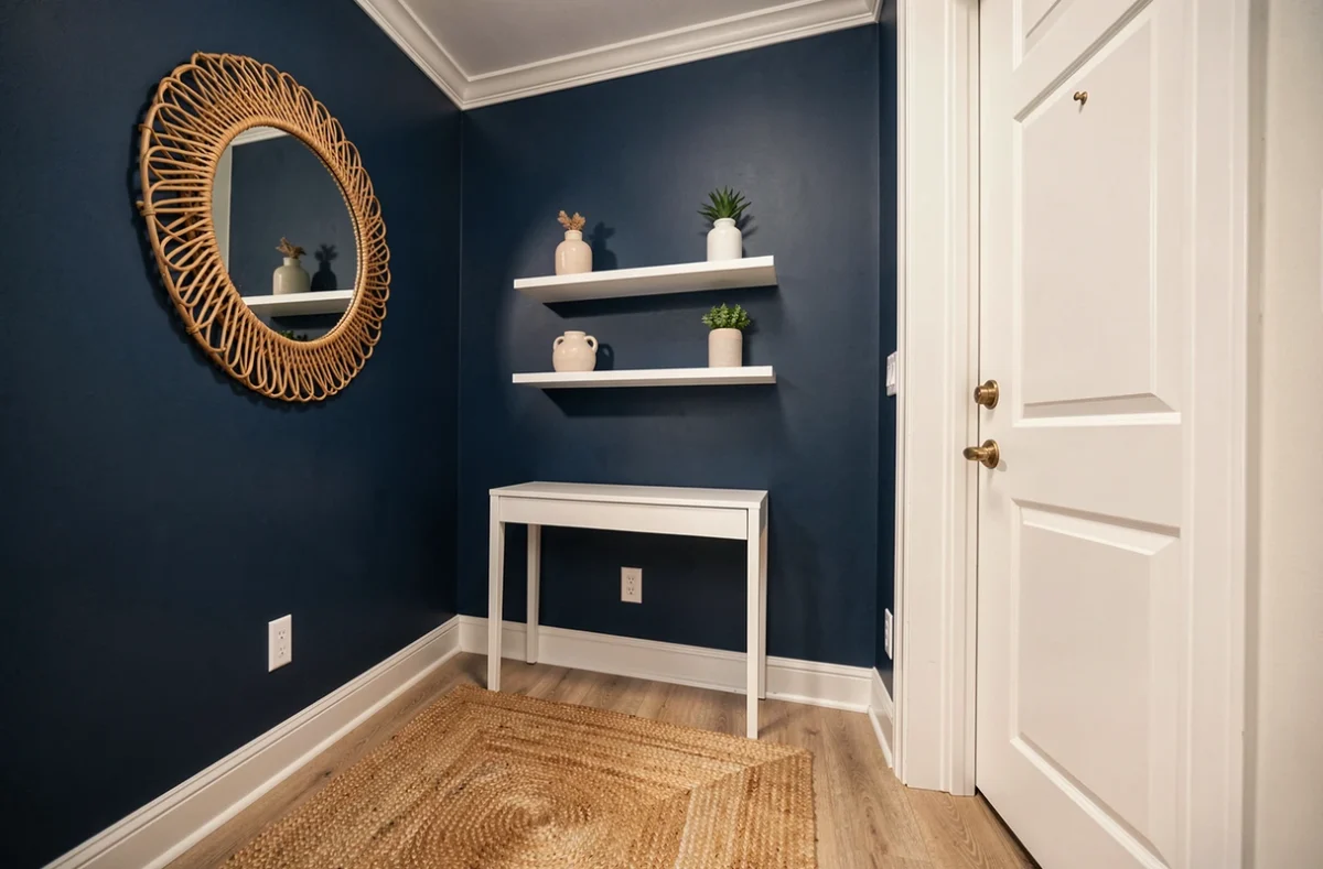 Entrée de location relookée avec un mur bleu marine, miroir en rotin, étagères blanches et tapis en jute pour une transformation déco sans travaux lourds