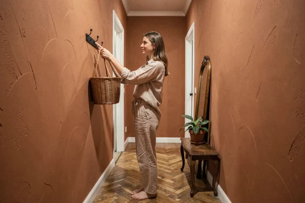 Entrée de location peinte en terracotta chaud avec crochets noirs, parquet en chevrons et plante verte pour une déco simple et économique