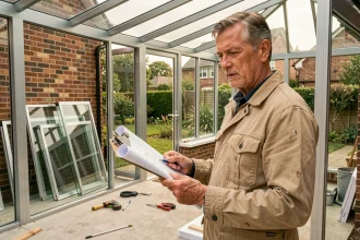 Artisan vérificant les plans d'une véranda en cours de construction avec cadre aluminium apparent