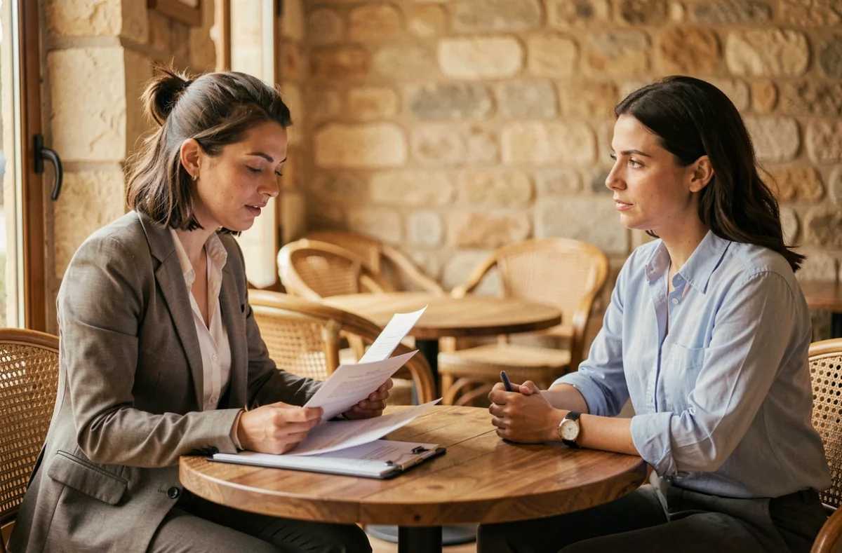 Entretien d'embauche entre une employeuse et une candidate femme de ménage dans un café à Montpellier