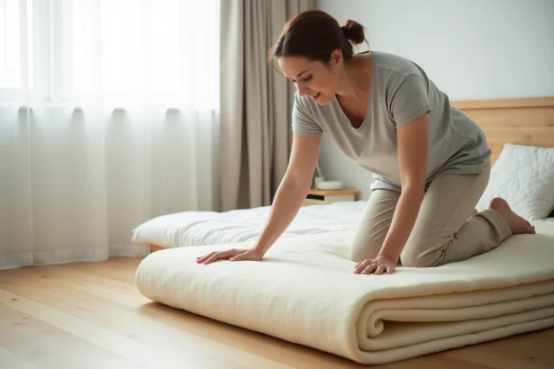 Femme enroulant un matelas en latex japonais pour l'entretien et l'aération dans une chambre minimaliste