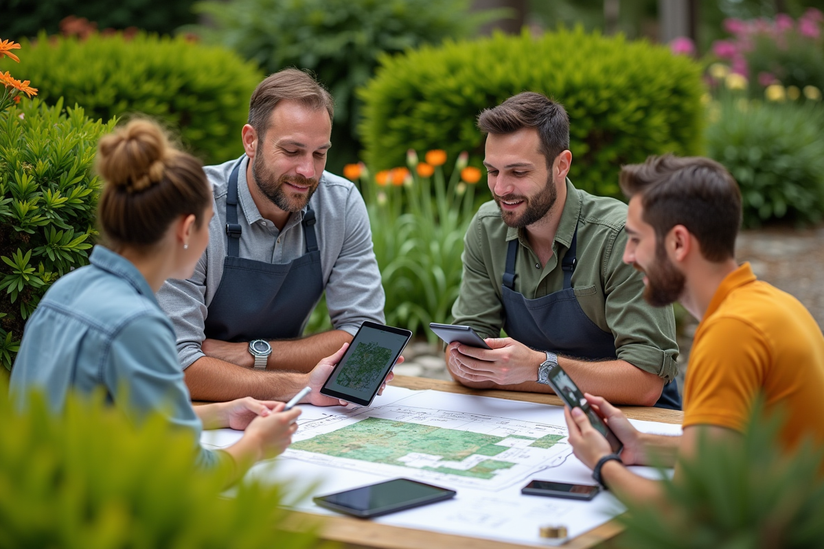 Groupe de paysagistes collaborant dans un jardin vert