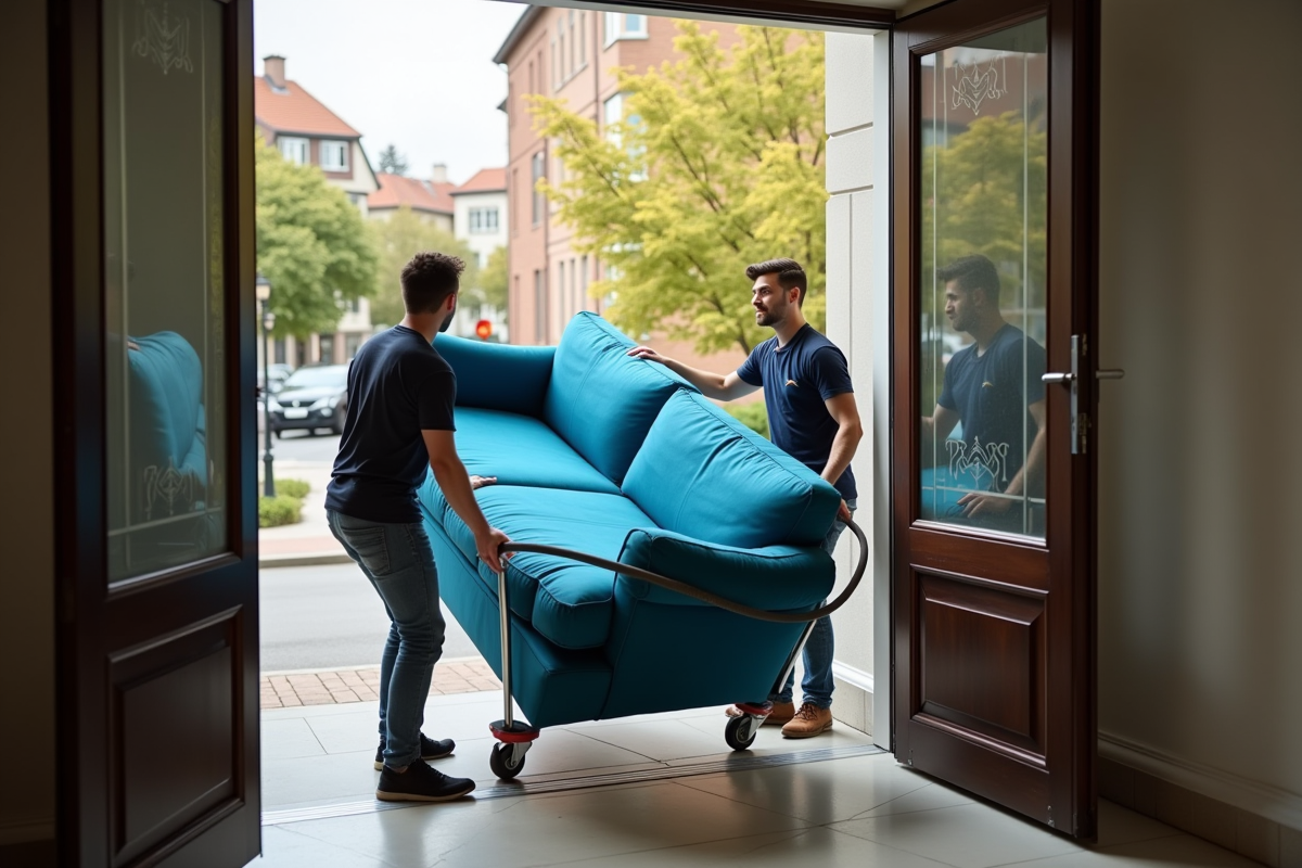 Equipe de livraison déplaçant un canapé bleu devant une maison ensoleillée