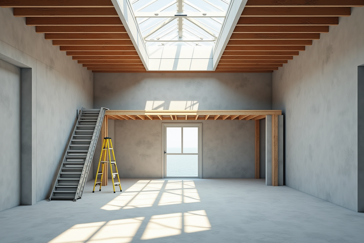 Pièce en construction avec mezzanine métallique et mètre de hauteur