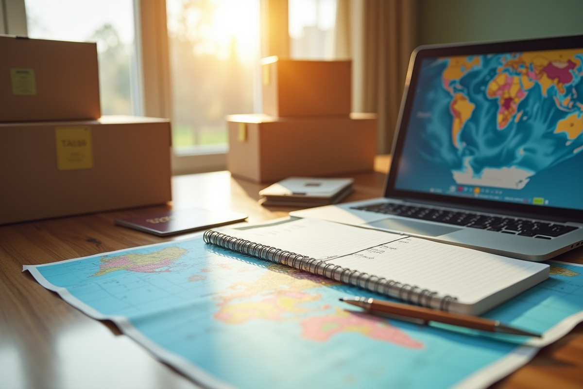 Espace de travail organisé avec carte du monde et passeport