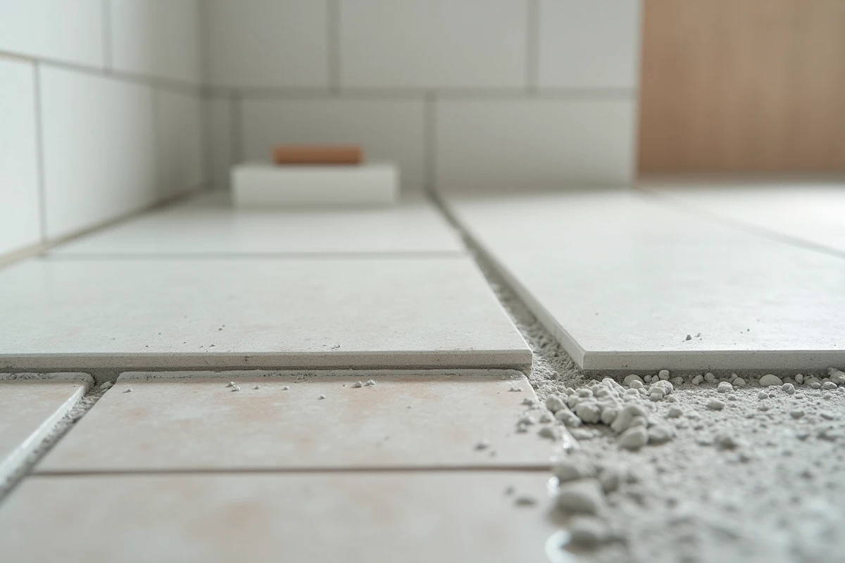 Étalement de mortier-colle au peigne dentelé sur un sol de salle de bain lors de la préparation à la pose d'un receveur de douche extra plat