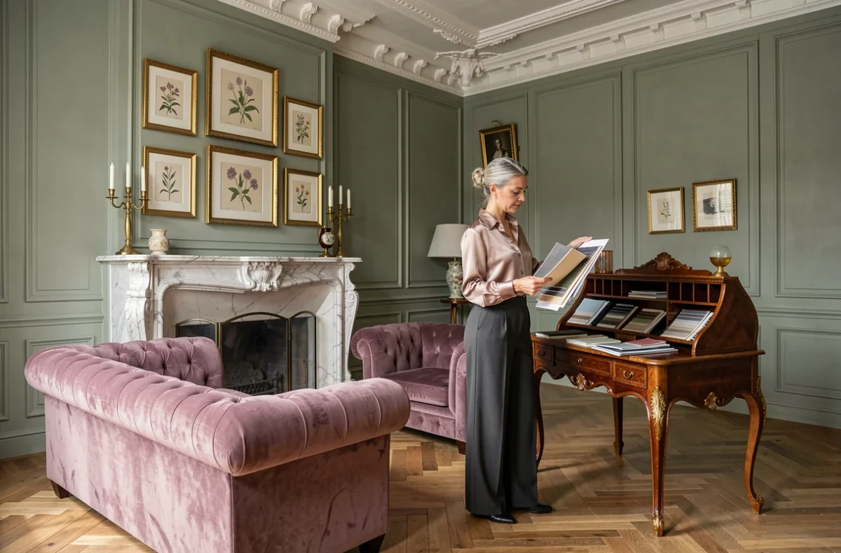 Salon bourgeois à Angers réalisé par L'Étoffe du Lieu avec moulures anciennes, cheminée en marbre et canapé en velours
