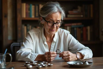 Femme examinant un bracelet en métal argenté avec une loupe pour identifier un poinçon argent authentique