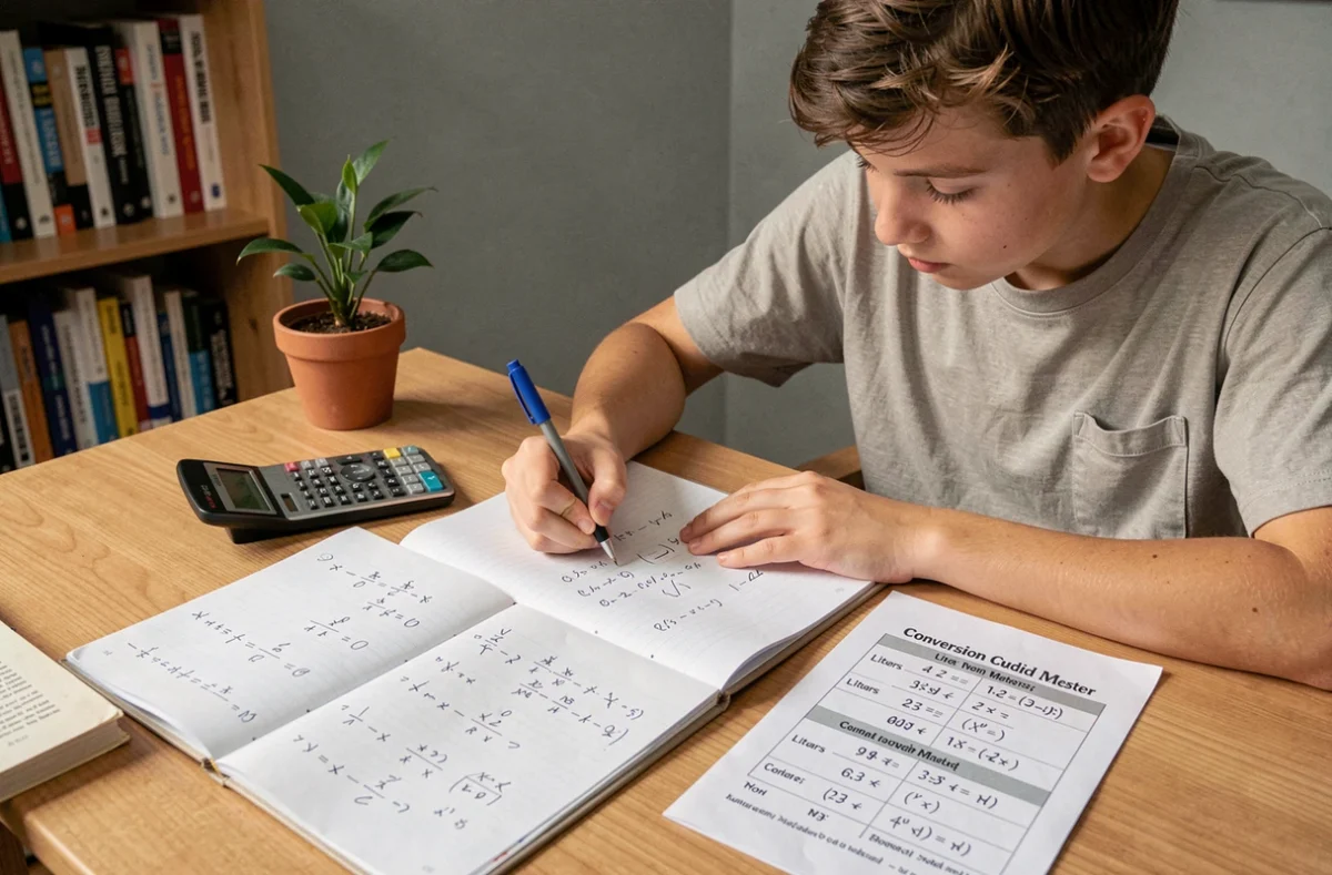 Adolescent faisant des exercices de conversion de litres en mètres cubes dans un cahier scolaire avec calculatrice et tableau de conversion