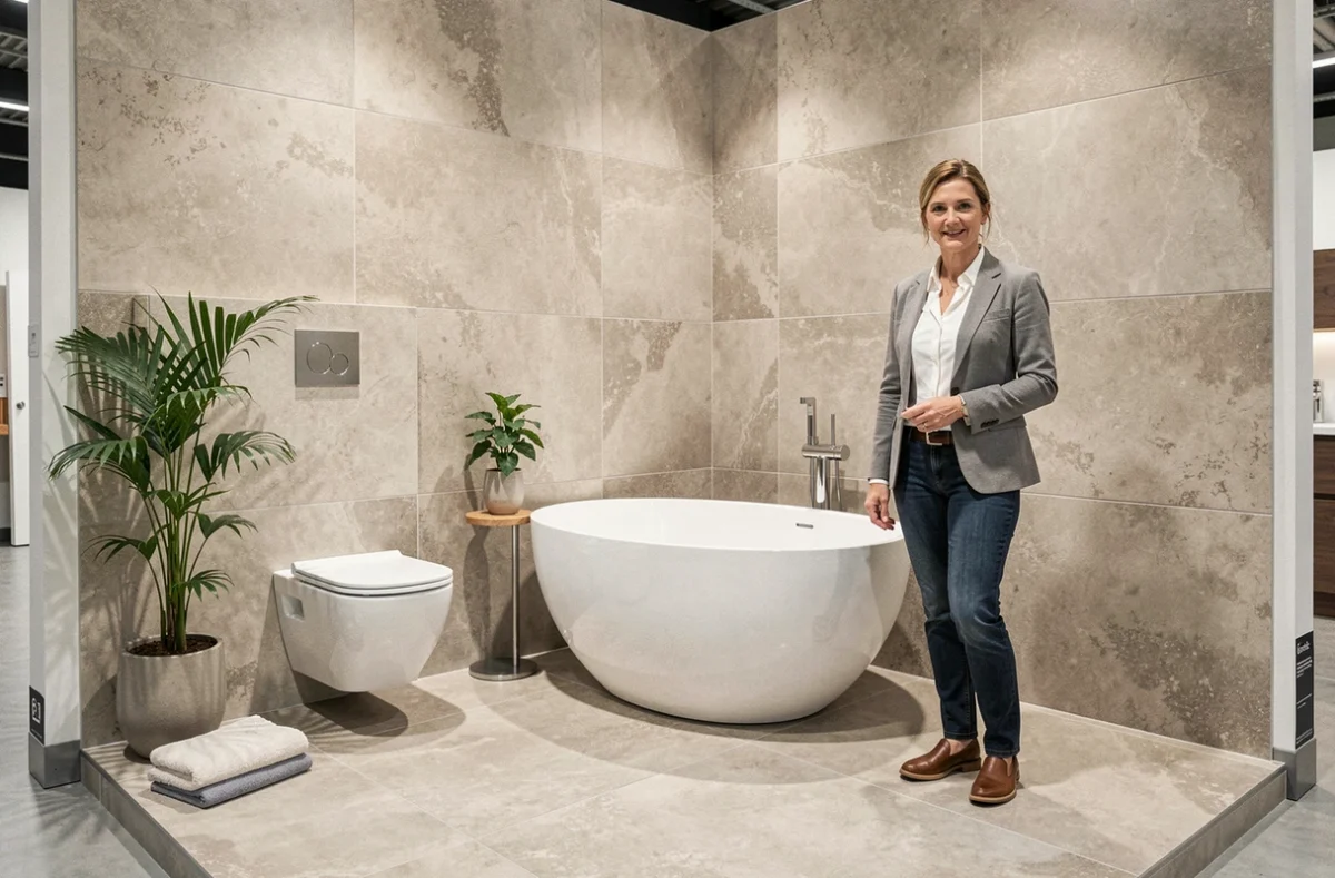 Spécialiste d'Extramatt présentant une salle de bain contemporaine complète dans un showroom en Vendée