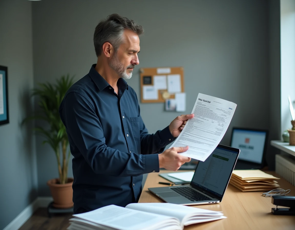 Homme examinant une facture comme justificatif de domicile dans un bureau à domicile