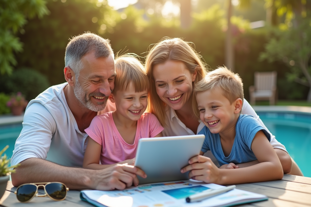 Famille compare différents types de piscines sur une tablette en extérieur