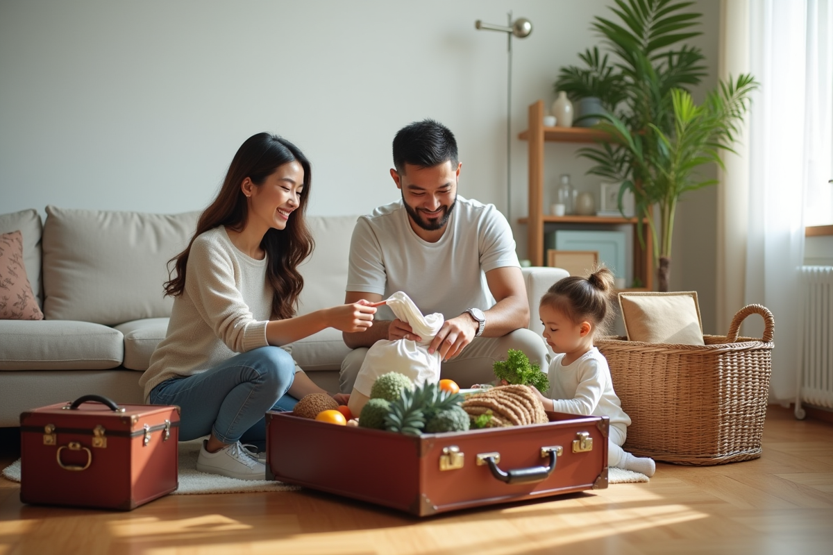 Famille déballant courses dans un salon moderne
