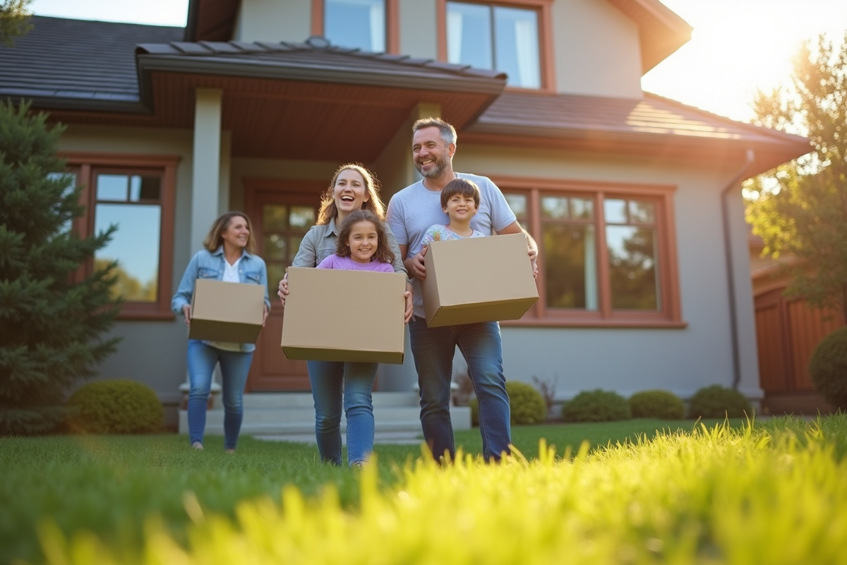 Famille heureuse sortant de la maison avec des cartons