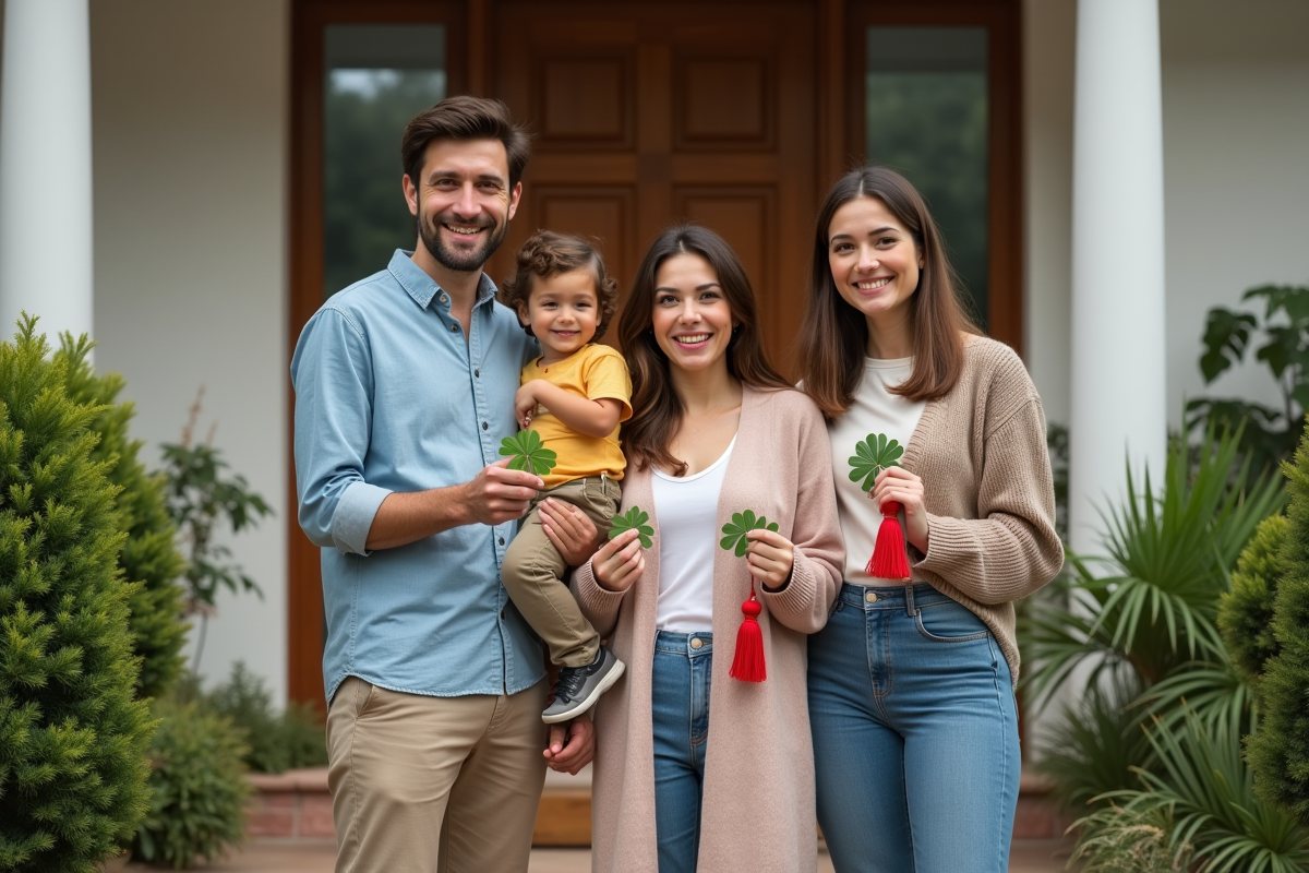 Famille heureuse devant leur maison avec amulettes