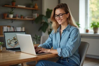 Femme utilisant logiciel 3D pour design intérieur