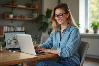 Femme utilisant logiciel 3D pour design int&eacute;rieur