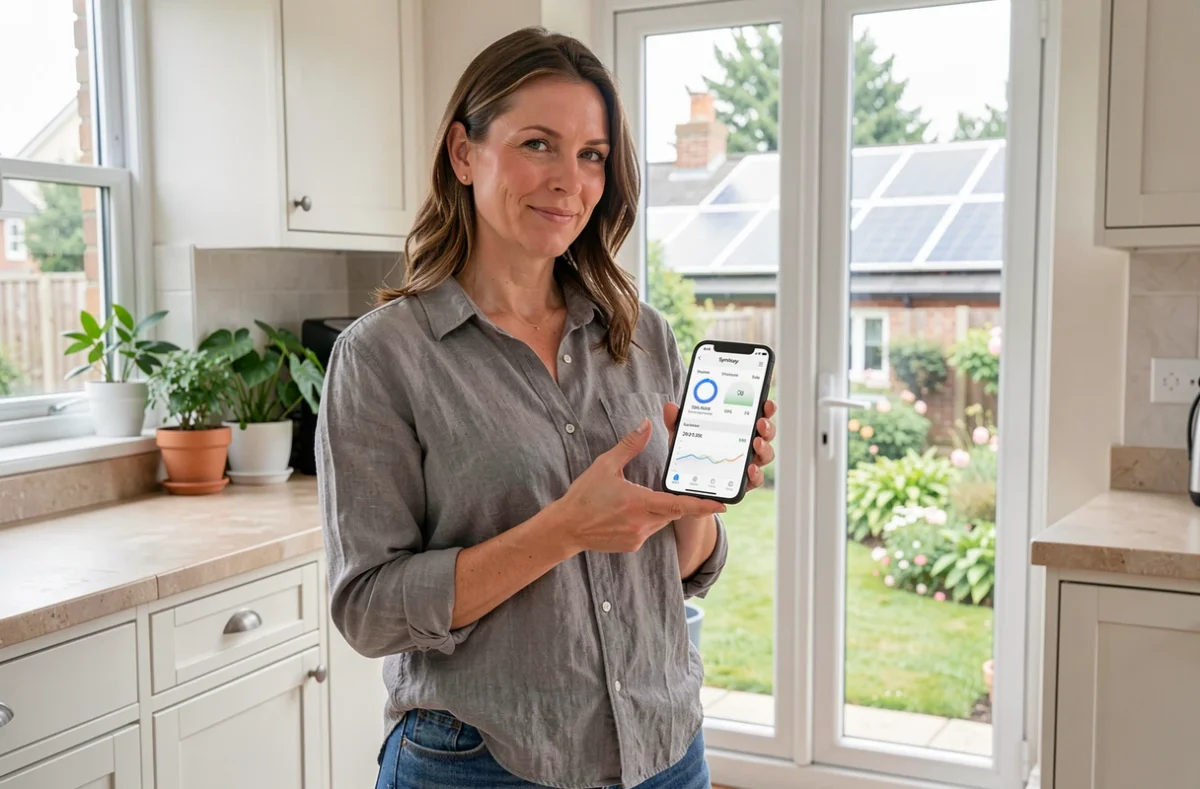 Femme consultant l'application Synology de gestion d'énergie solaire sur son smartphone dans une cuisine moderne