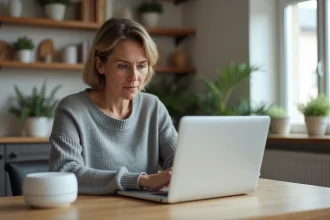 Femme consultant son contrat assurance habitation MACIF sur un ordinateur portable avec un hub domotique posé sur le bureau